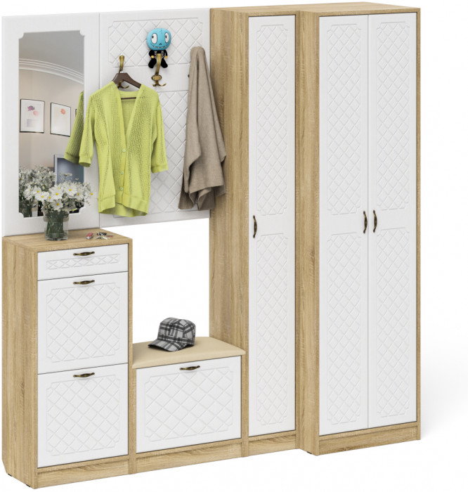 Прихожая П-6 Компоновка № 31, дуб сонома/фасады МДФ белое дерево фрезеровка ромб