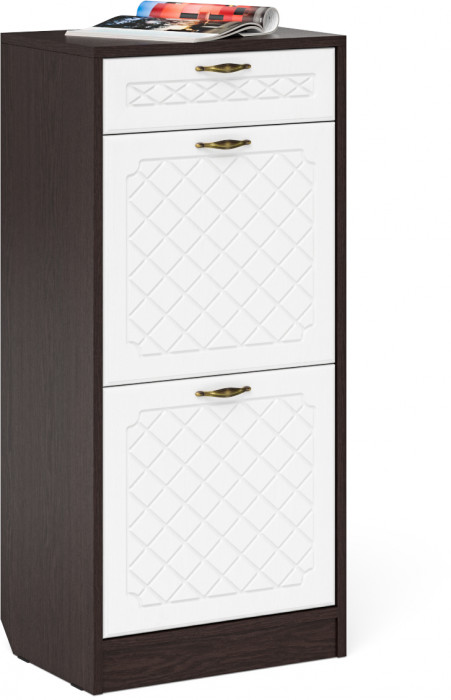 Прихожая П-6 Тумба для обуви 2 секции + Зеркало, венге/фасады МДФ белое дерево фрезеровка ромб