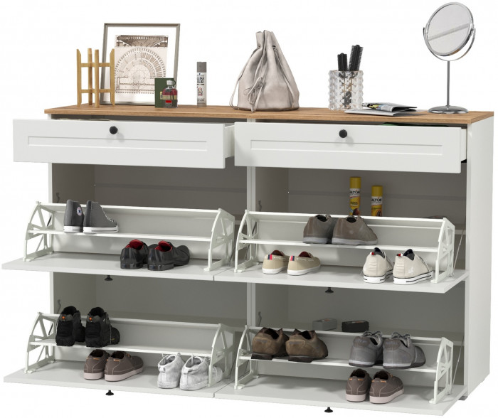 Остин 16.121 Тумба для обуви + 16.121 Тумба для обуви, цвет белый шагрень/дуб крафт золотой, ШхГхВ 160х41,6х99,3 см.