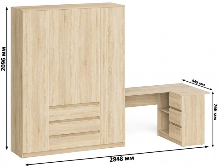 Мори компьютерный стол МС-16 правый + Шкаф МШ1600.1, дуб сонома