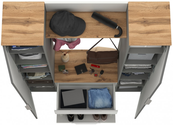 Октава Прихожая 51, белый шагрень/серый графит/дуб крафт золотой/фасады МДФ белый шагрень/серый графит