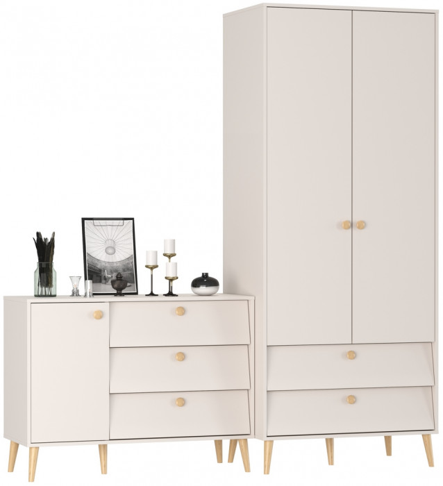 Афина Спальня Шкаф 2-х дверный + Комод с дверкой и тремя ящиками, цвет кашемир серый, ШхГхВ 90,3х56,3х220 + 110х45,3х83 см., универсальная сборка