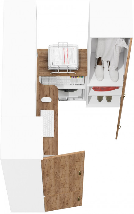 Лидер-8 Пенал МД 22Б + Стол + Полка + Пенал 21Б, цвет белый шагрень/крафт золото, ШхГхВ 245х50х75/190 или 155х120/50х75/190 см., НЕ универс. сборка