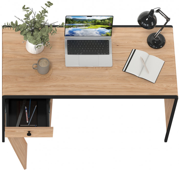 Брюс Стол письменный 12.157, цвет чёрный/Battle rock Santiago/столешница МДФ ель карпатская, ШхГхВ 130х62,6х75 см., универсальная сбока