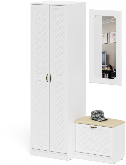 Прихожая П-6 Компоновка № 11, белая шагрень/фасады МДФ белое дерево фрезеровка ромб