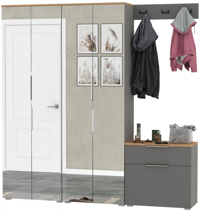 Октава Прихожая 26, цвет серый графит/дуб крафт золотой/фасады МДФ серый графит, ШхГхВ 193,7х35,4х197,6 см., универсальная сборка
