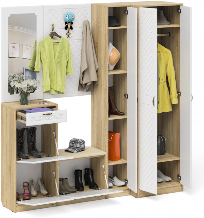 Прихожая П-6 Компоновка № 31, цвет дуб сонома/фасады МДФ белое дерево фрезеровка ромб, ШхГхВ 200х50х210 см., универсальная сборка