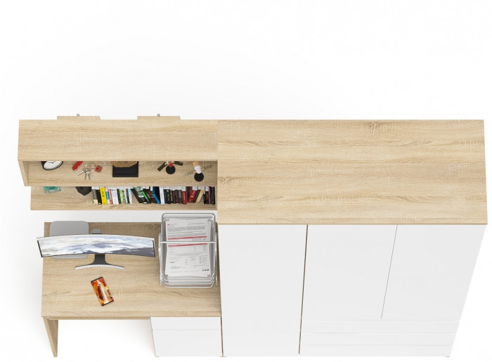 Мори компьютерный стол МС-1 правый + Шкаф МШ1200.1 + Полка 900, дуб сонома/белый