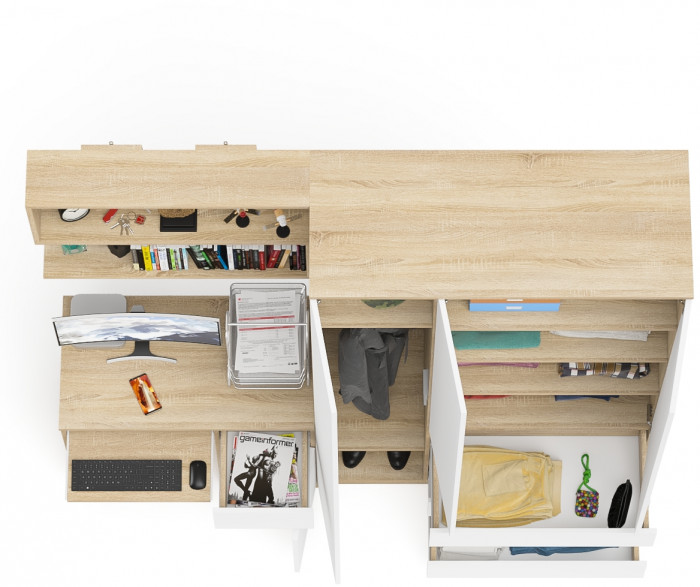 Мори компьютерный стол МС-1 правый + Шкаф МШ1200.1 + Полка 900, дуб сонома/белый