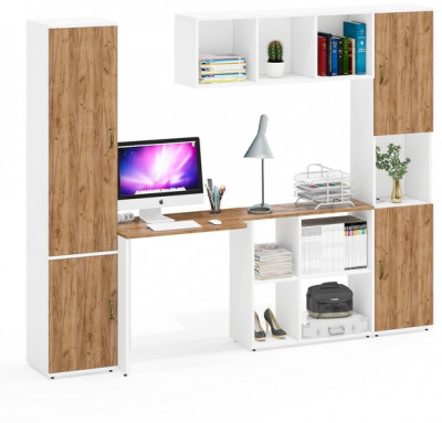 Лидер-8 Пенал МД 22Б + Стол + Полка + Пенал, цвет белый шагрень/крафт золото, ШхГхВ 245х50х75/190 или 155х120/50х75/190 см., НЕ универсальная сборка