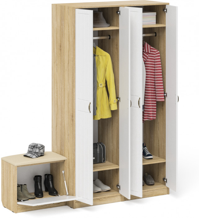 Прихожая П-6 Компоновка № 07, цвет дуб сонома/фасады МДФ белое дерево фрезеровка прованс, ШхГхВ 180х50х210 см., универсальная сборка