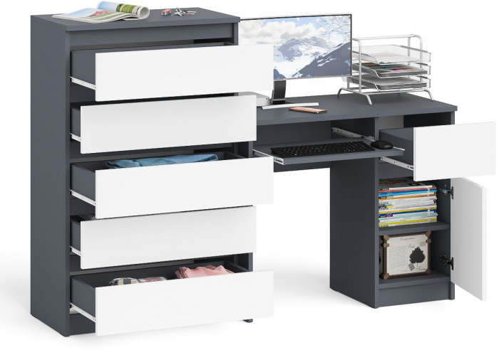Мори компьютерный стол МС-1 правый + Комод МК700.5, графит/белый