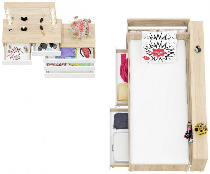 Ксения Кровать с ящиками 0900 + прикроватный блок + Столик с подсветкой 110, дуб сонома/белый