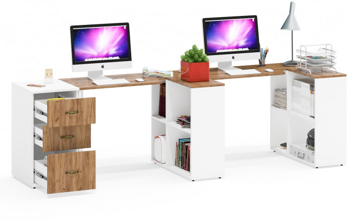 Лидер-8 Стол + Стол + Тумба МД 3.16, белый шагрень/крафт золото