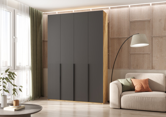 Марвэл Шкаф 4-х створчатый 1600, Браш Графит, Дуб Крафт
