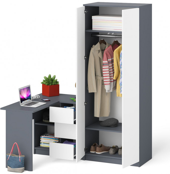 Мори Стол компьютерный МС-16 правый + Шкаф МШ800.1, цвет графит/белый, ШхГхВ 204,8х84,9х209,6 см., выдвижные ящики справа, НЕ универсальная сборка