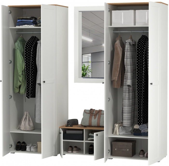 Остин Прихожая 30, цвет белый шагрень/дуб крафт золотой, ШхГхВ 240х54,3х229,6 см., универсальная сборка