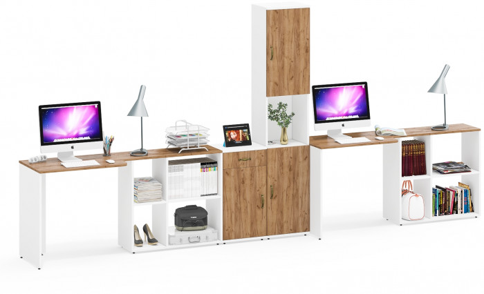 Лидер-8 Стол + Стол + Пенал + Тумба МД 3.15, белый шагрень/крафт золото