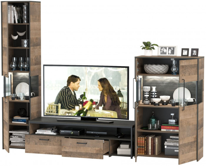 Трувор Гостиная 026, цвет дуб гранж песочный/интра, ШхГхВ 280,4х45,4х194,2 см., универсальная сборка