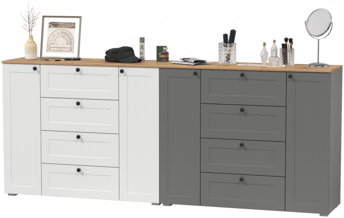 Остин 16.221 Комод + 16.221 Комод, белый шагрень/серый графит/дуб крафт золотой