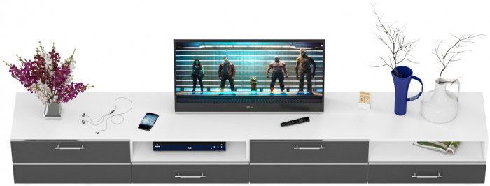 Тумба под ТВ Ларго 1, корпус белый/фасады МДФ графитово-серый глянец