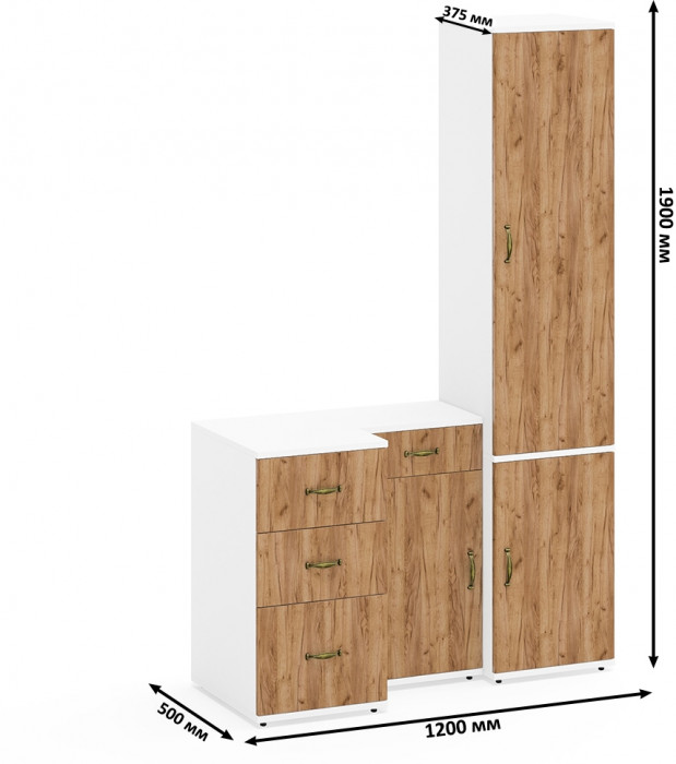Лидер-8 Пенал МД 22Б + Тумба МД 3.15 + Тумба МД 3.16, цвет белый шагрень/крафт золото, ШхГхВ 120х50х190 см., универсальная сборка