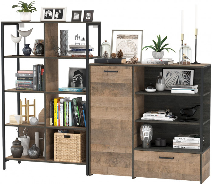 Трувор 13.151.02 Стеллаж + 13.307.01 Комод, цвет дуб гранж песочный/интра, ШхГхВ 199х37х146 см., универсальная сборка