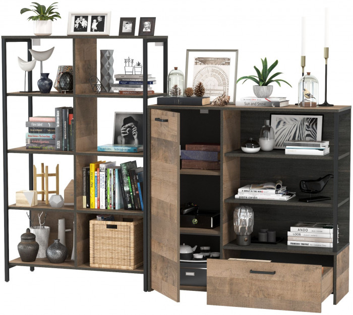 Трувор 13.151.02 Стеллаж + 13.307.01 Комод, цвет дуб гранж песочный/интра, ШхГхВ 199х37х146 см., универсальная сборка