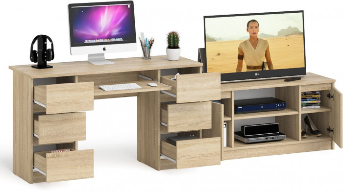 Мори компьютерный стол МС-2 + Тумба МТВ1200.1, дуб сонома