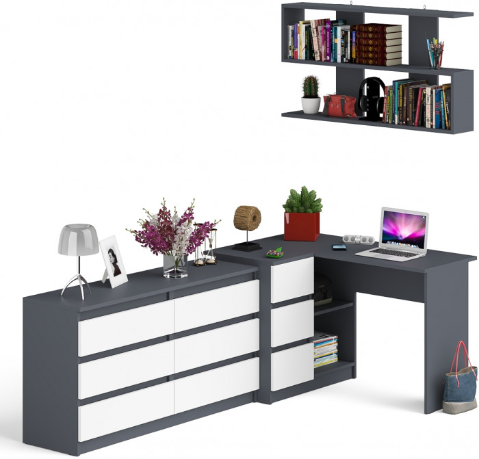 Мори компьютерный стол МС-16 левый + Комод МК1380.6 + Полка 1200, графит/белый