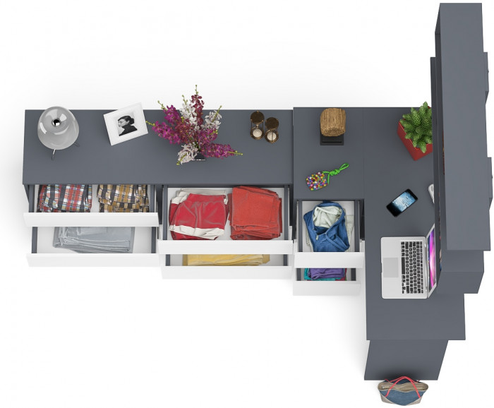 Мори компьютерный стол МС-16 левый + Комод МК1380.6 + Полка 1200, графит/белый