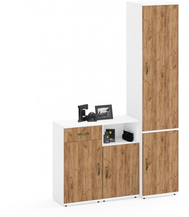 Лидер-8 Пенал МД 22Б + Тумба МД 3.15 + Тумба МД 3.19, цвет белый шагрень/крафт золото, ШхГхВ 120х37,5х190 см., универсальная сборка