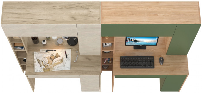 КР100 Два стола компьютерных Комфорт 12.71, цвет дуб крафт серый/шёлковый камень/гикори рокфорд натур./дымчатый зел., 233,4х60,2х165,4 см., НЕ ун. сб.