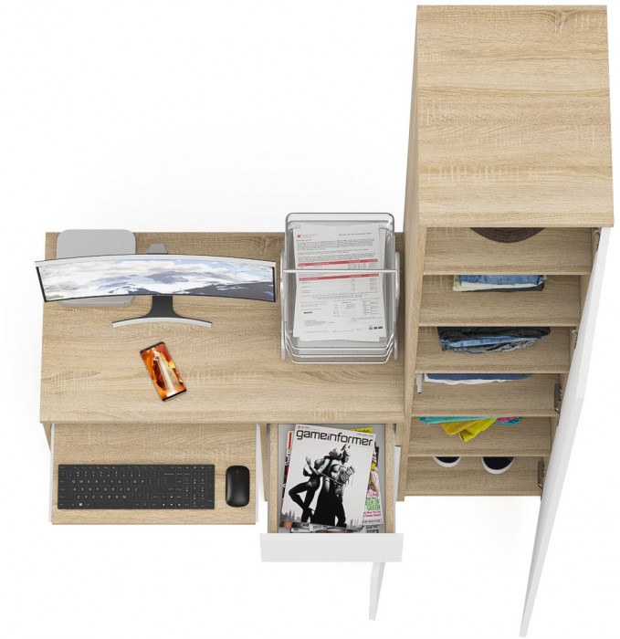 Мори Стол компьютерный МС-1 правый + Пенал МШ400.1, цвет дуб сонома/белый, ШхГхВ 130,4х50,4х209,6 см., выдвижной ящик справа, НЕ универсальная сборка