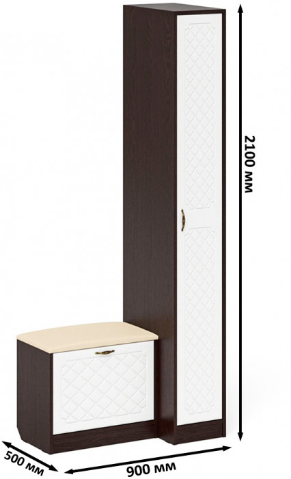 Прихожая П-6 Компоновка № 39, цвет венге/фасады МДФ белое дерево фрезеровка ромб, ШхГхВ 90х50х210 см., универсальная сборка