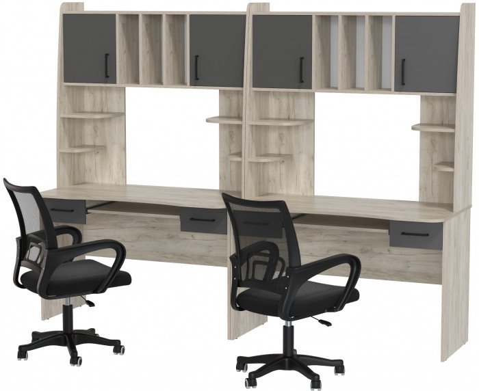 Два стола рабочих 6-0604 Бета + два кресла 103 чёрных, дуб крафт серый/графит