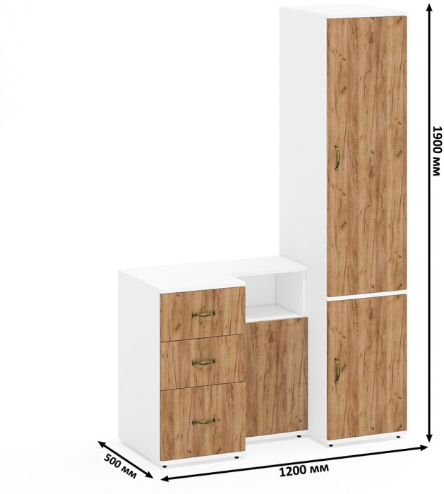 Лидер-8 Пенал МД 23Б + Тумба МД 3.16 + Тумба МД 3.19, белый шагрень/крафт золото