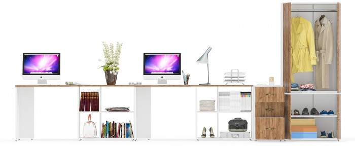 Лидер-8 Стол + Стол + Шкаф МД 19Б + Тумба МД 3.16, белый шагрень/крафт золото