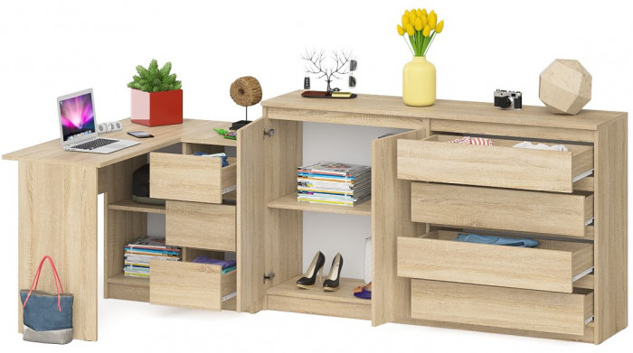 Мори компьютерный стол МС-16 правый + Комод МК1600.1, дуб сонома