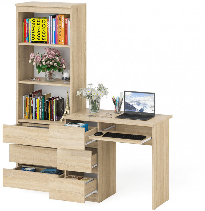Мори компьютерный стол МС-6 левый + Стеллаж МСТ600.3, дуб сонома