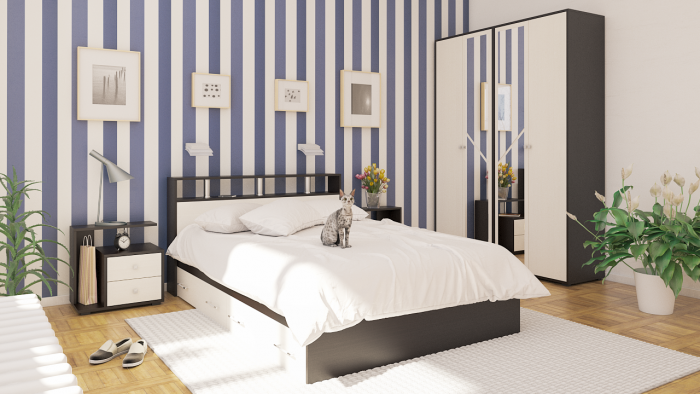 Камелия спальня № 8 Кровать с ящиками 1400 + Две тумбы + Шкаф 4-х створчатый, цвет венге/дуб лоредо, сп.м. 1400х2000 мм., б/м, основание есть