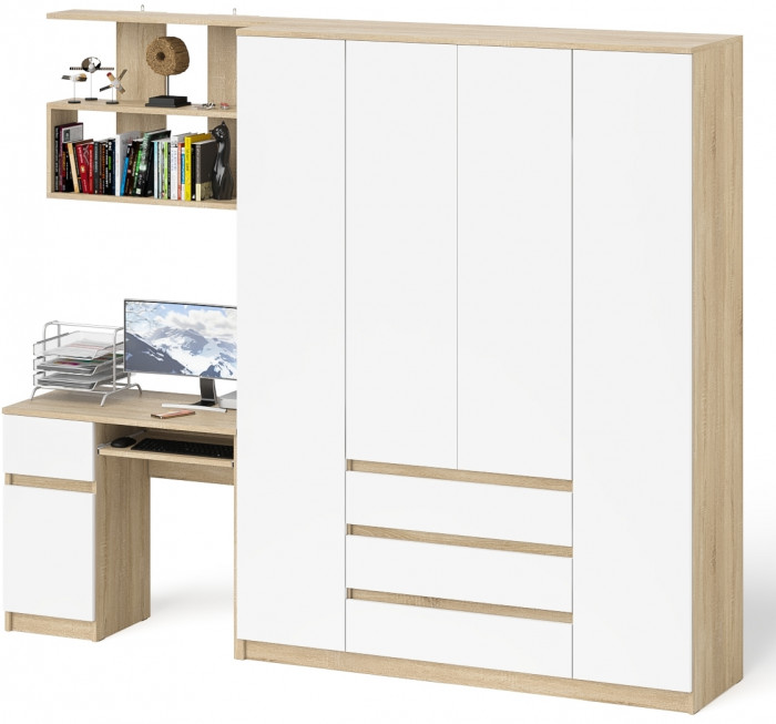 Мори компьютерный стол МС-1 левый + Шкаф МШ1600.1 + Полка 900, дуб сонома/белый