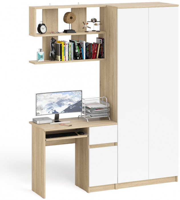 Мори компьютерный стол МС-1 правый + Шкаф МШ800.1 + Полка 900, дуб сонома/белый