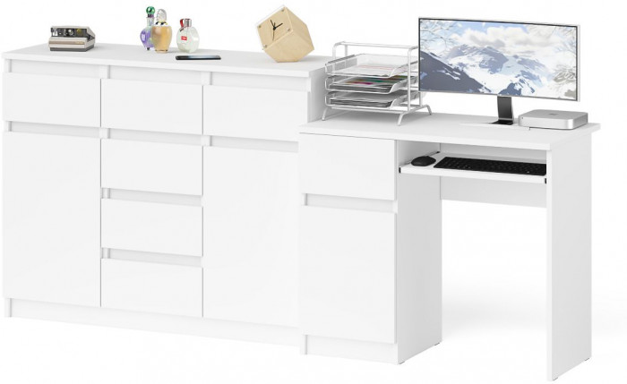 Мори Стол компьютерный МС-1 левый + Комод МК1200.4, цвет белый, ШхГхВ 210,4х50х94 см., выдвижной ящик слева, НЕ универсальная сборка