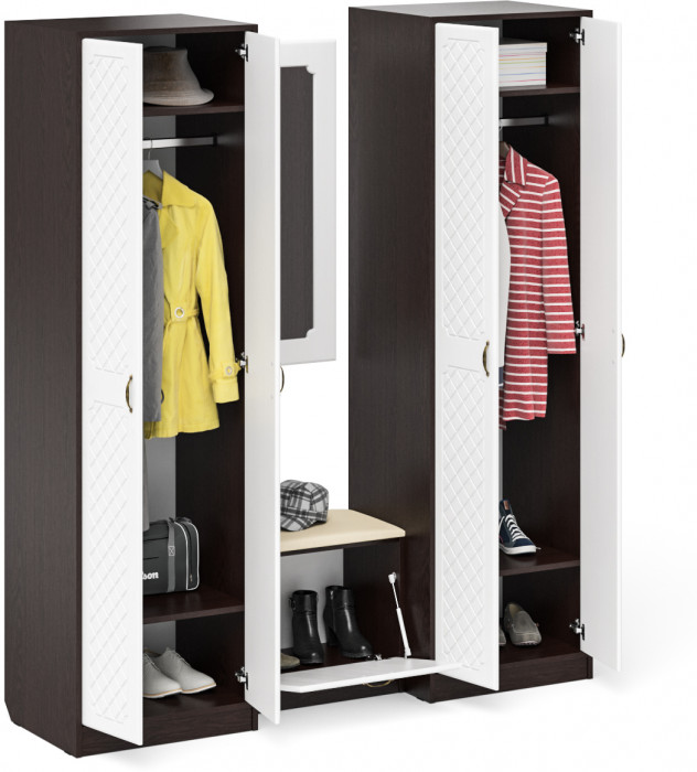 Прихожая П-6 Компоновка № 08, цвет венге/фасады МДФ белое дерево фрезеровка ромб, ШхГхВ 180х50х210 см., универсальная сборка
