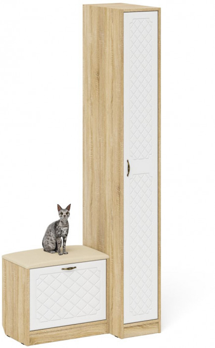 Прихожая П-6 Компоновка № 39, дуб сонома/фасады МДФ белое дерево фрезеровка ромб