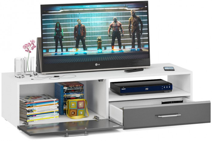 Тумба под ТВ Ларго 1, корпус белый/фасады МДФ графитово-серый глянец