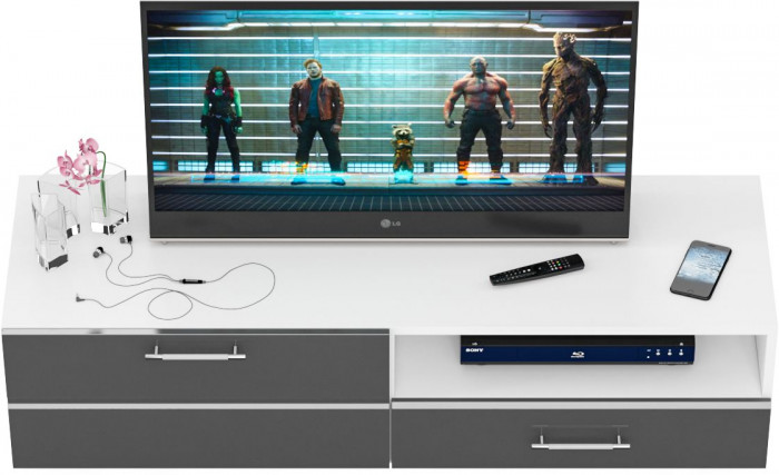 Тумба под ТВ Ларго 1, корпус белый/фасады МДФ графитово-серый глянец