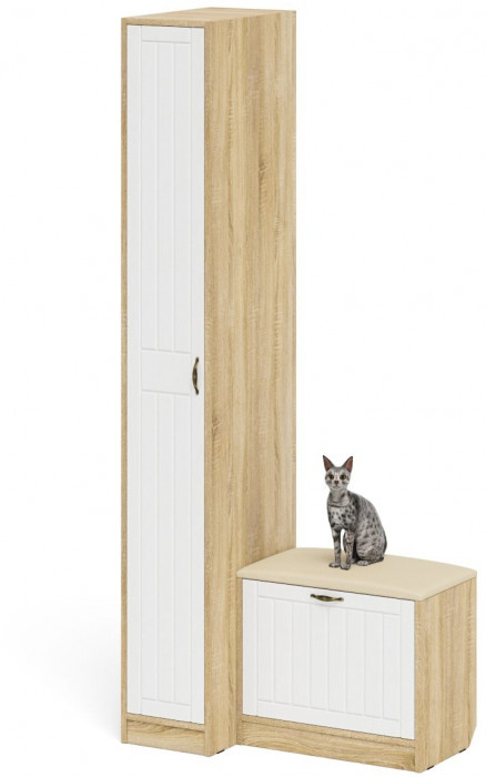 Прихожая П-6 Компоновка № 39, цвет дуб сонома/фасады МДФ белое дерево фрезеровка прованс, ШхГхВ 90х50х210 см., универсальная сборка