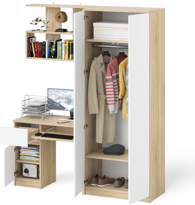 Мори компьютерный стол МС-1 левый + Шкаф МШ800.1 + Полка 900, дуб сонома/белый